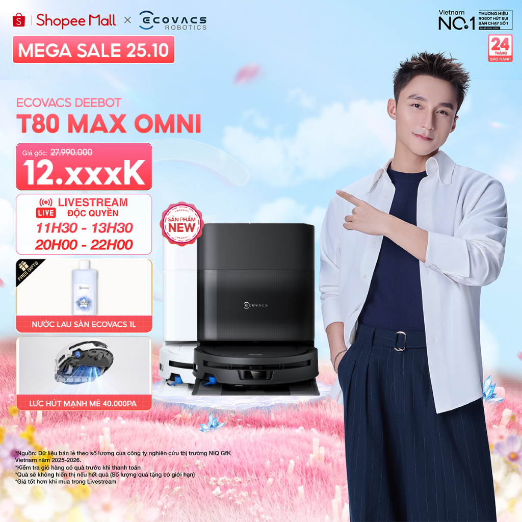 Ecovacs Deebot T80 Max Omni Robot hút bụi lau nhà | Lực hút 40000Pa | Chống rối ZeroTangle™ 4.0 | Bảo hành 24 tháng