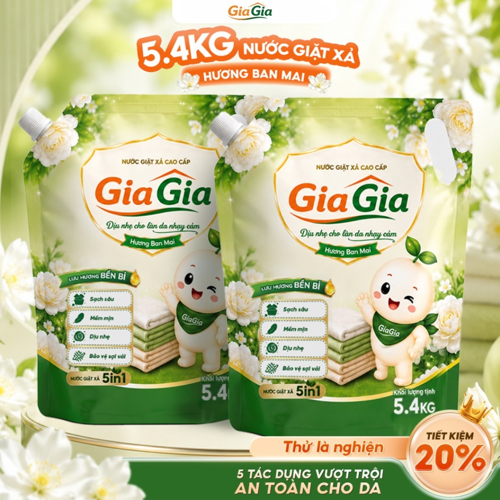 Nước Giặt GIA GIA 5in1 Hương Ban Mai 5.4KG, Nước Giặt Quần Áo, Nước Giặt Xả Thơm Lâu, Mềm Vải