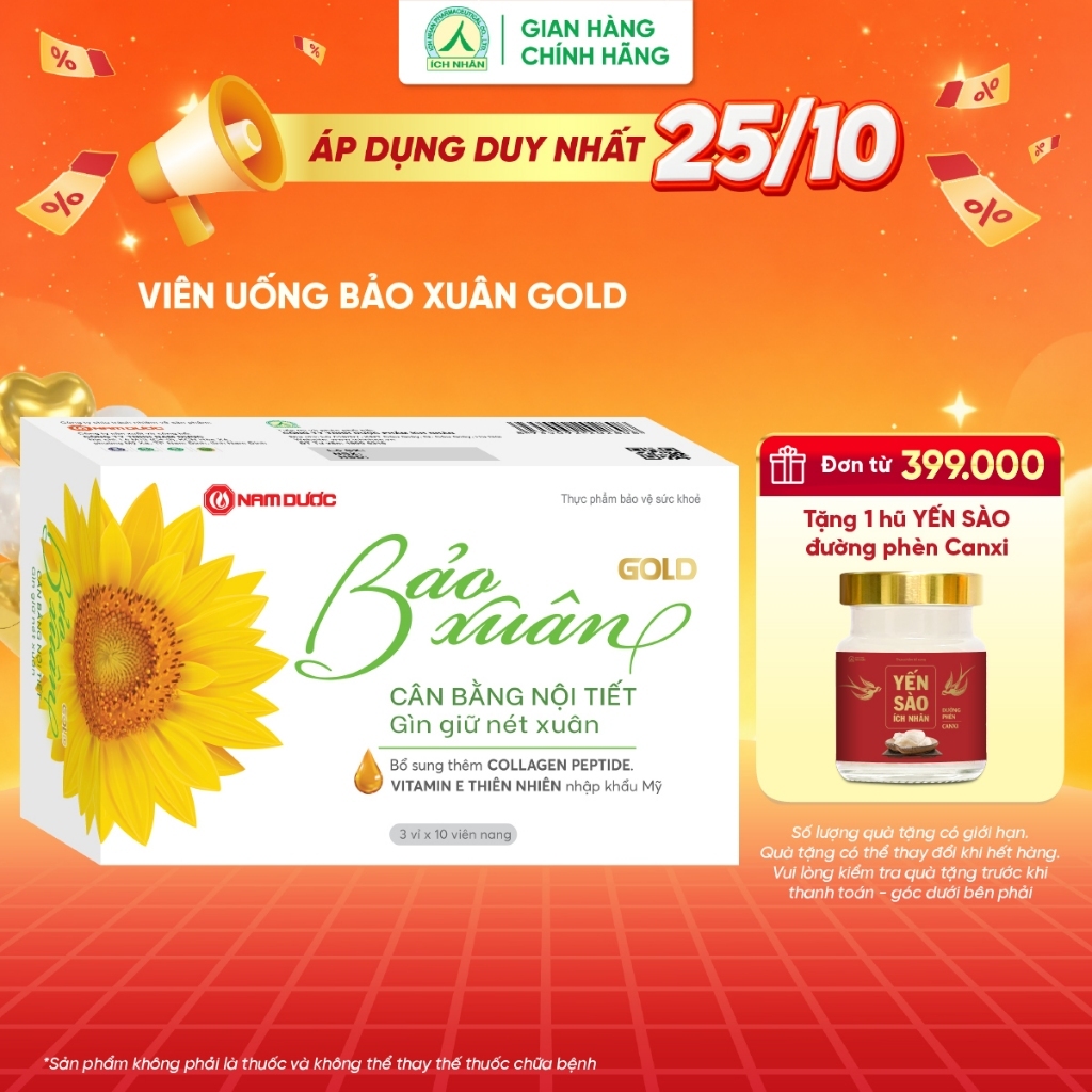 Viên uống Bảo Xuân Gold - Hỗ trợ cân bằng nội tiết tố , làm đẹp da, giảm khô hạn - Hộp 30 viên