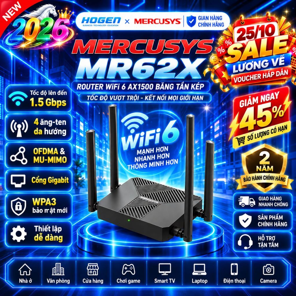 [Mercusys] Bộ Phát Wifi 6 MR60X / MR62X - Chuẩn AX Tốc Độ 1500Mbps, 4 Anten, Phủ Sóng Rộng Khỏe Hơn