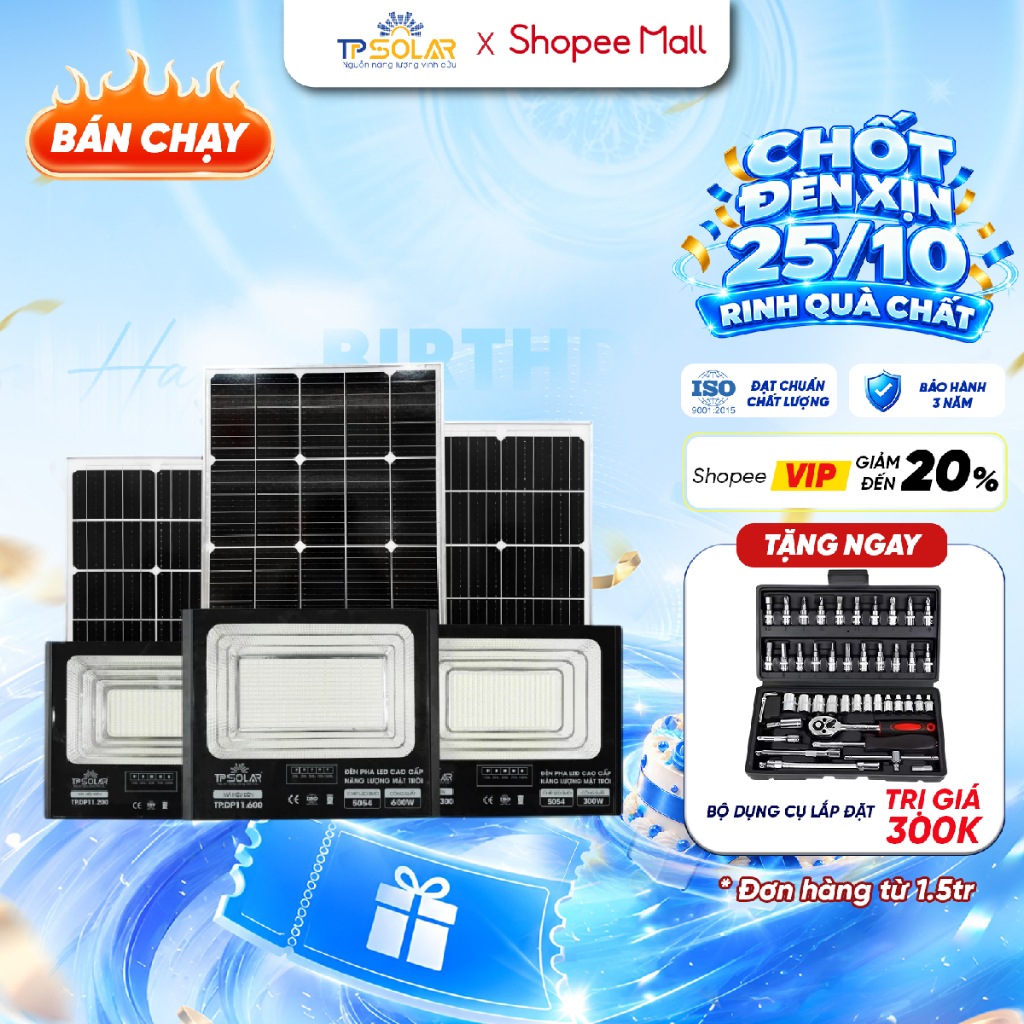 Đèn Pha Năng Lượng Mặt Trời TP SOLAR 200W, 300W, 600W Chiếu Sáng 100-300m2, Vỏ Hợp Kim Nhôm, Sáng Xuyên Đêm