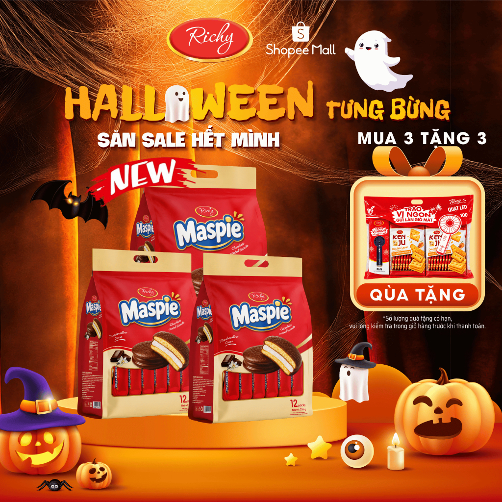 [NEW][MUA 3 TẶNG 3] COMBO 3 Bánh Pie Giòn Maspie Richy Nhân Marshmallow Phủ Chocolate 336g – 12 Gói