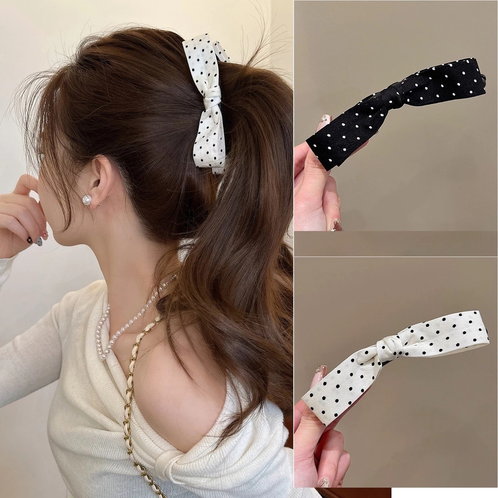 Kẹp chuối nơ chấm bi phong cách Hàn Quốc, kẹp dọc đuôi ngựa cao, kẹp sau đầu thanh lịch [A610 ] NEW11