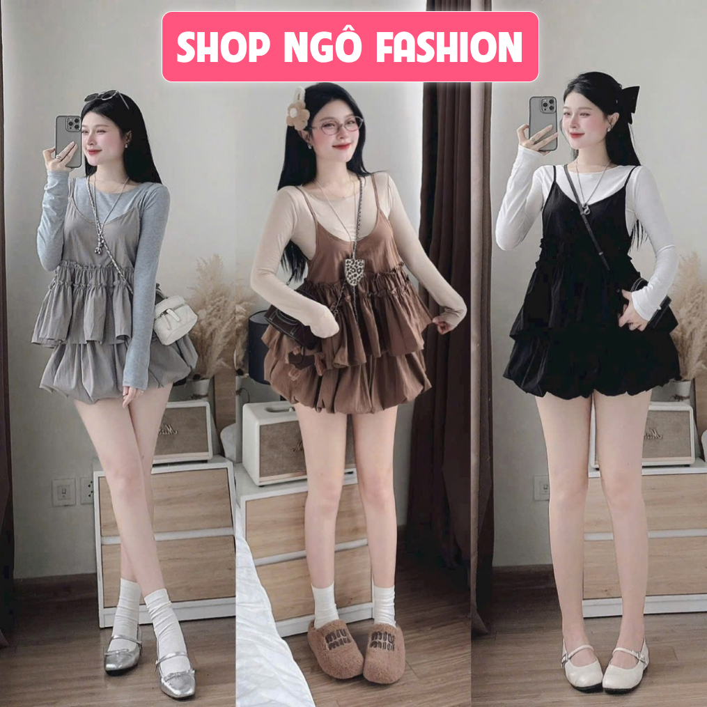 Set 3 món phong cách đáng iu, dễ thương cho nàng 3 màu, áo cổ tròn tay dài voan tơ phối áo 2 dây + váy bí