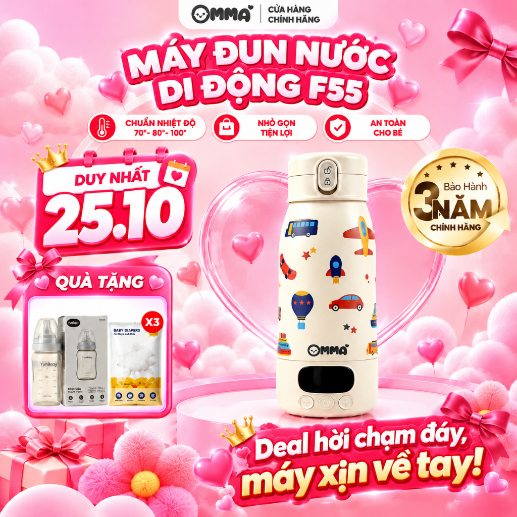 [Bản 2026] Bình đun nước cài nhiệt 35 -100 độ cầm tay di động F55 OMMA tiện lợi mang theo - BH 3 năm