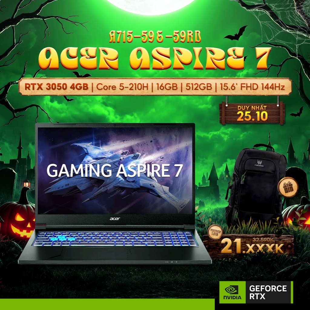 Laptop Gaming Acer Aspire 7 A715-59G-59RD GeForce RTX™ 3050 4GB / Core 5-210H / 16GB / 512GB