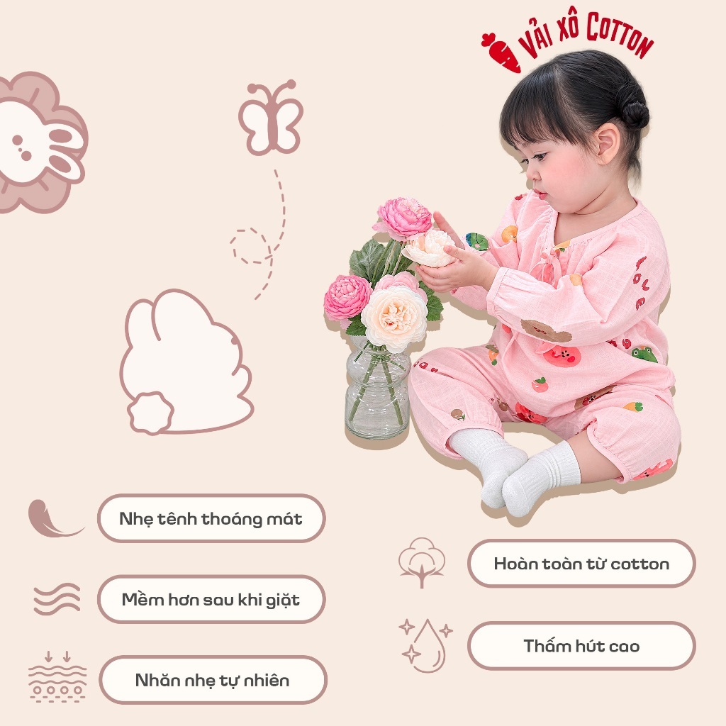 Pijama bé gái xô cotton Lá Homewear XCL18, đồ bộ dài tay cho bé cột nơ quần bo mặc ngủ mềm mát