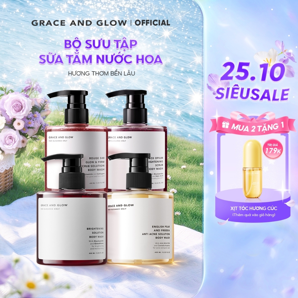 Sữa tắm trắng da hỗ trợ dưỡng ẩm tẩy da chết Grace and Glow nước hoa Body Wash 400ml Niacinamide lưu hương lâu thơm