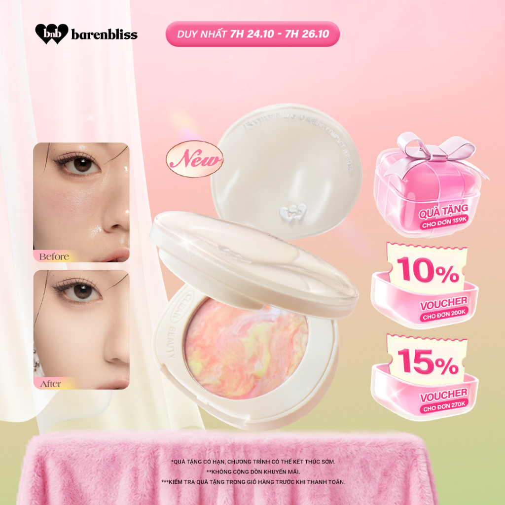Phấn phủ dạng nén Barenbliss Bloomatte Fine to Refine Compact Powder mịn lì kiềm dầu kháng nước 6g