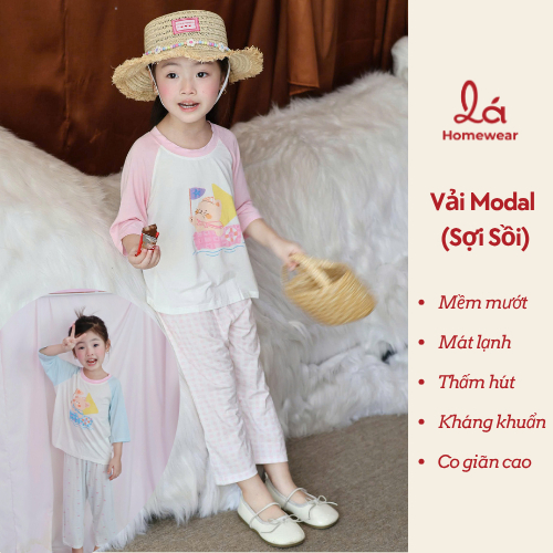 Đồ bộ ngủ cho bé sợi sồi Modal Lá Homewear MOD2, đồ bộ tay lửng quần dài raglan phối màu caro