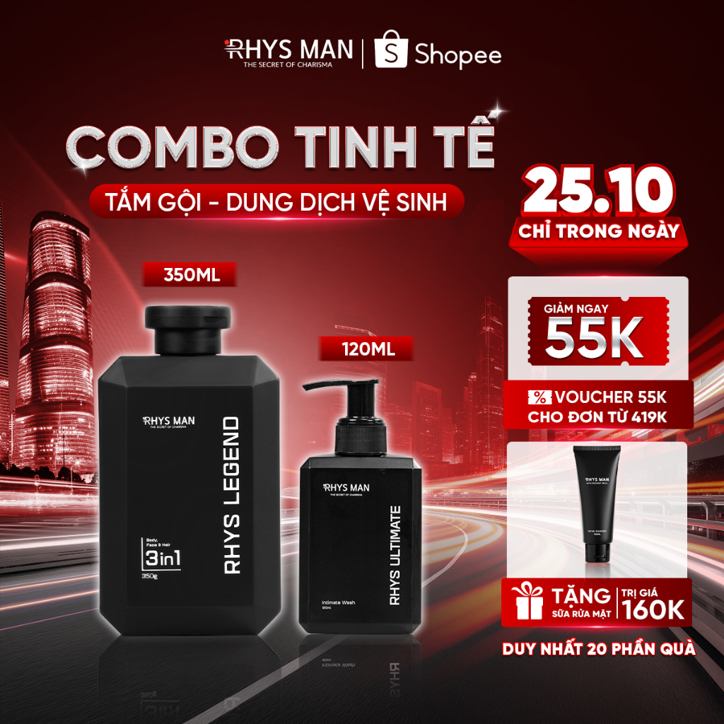 Combo Sữa tắm gội nam 3in1 350ml & Dung dịch vệ sinh nam 120ml Rhys Man - Combo Tinh Tế