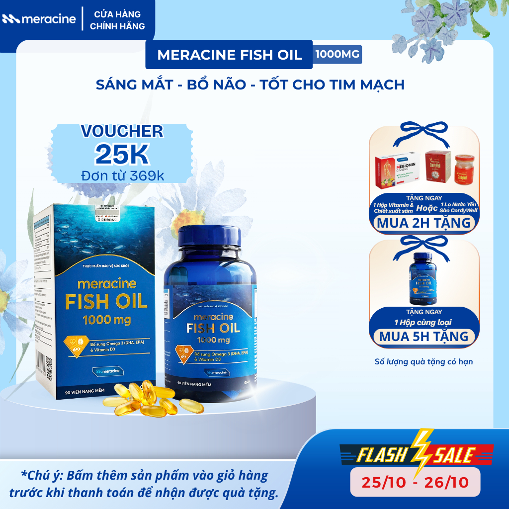 Viên Uống Dầu Cá Omega 3 - Meracine Fish Oil tăng cường thị lực, tốt cho não bộ cho người lớn và trẻ nhỏ lọ 90 viên