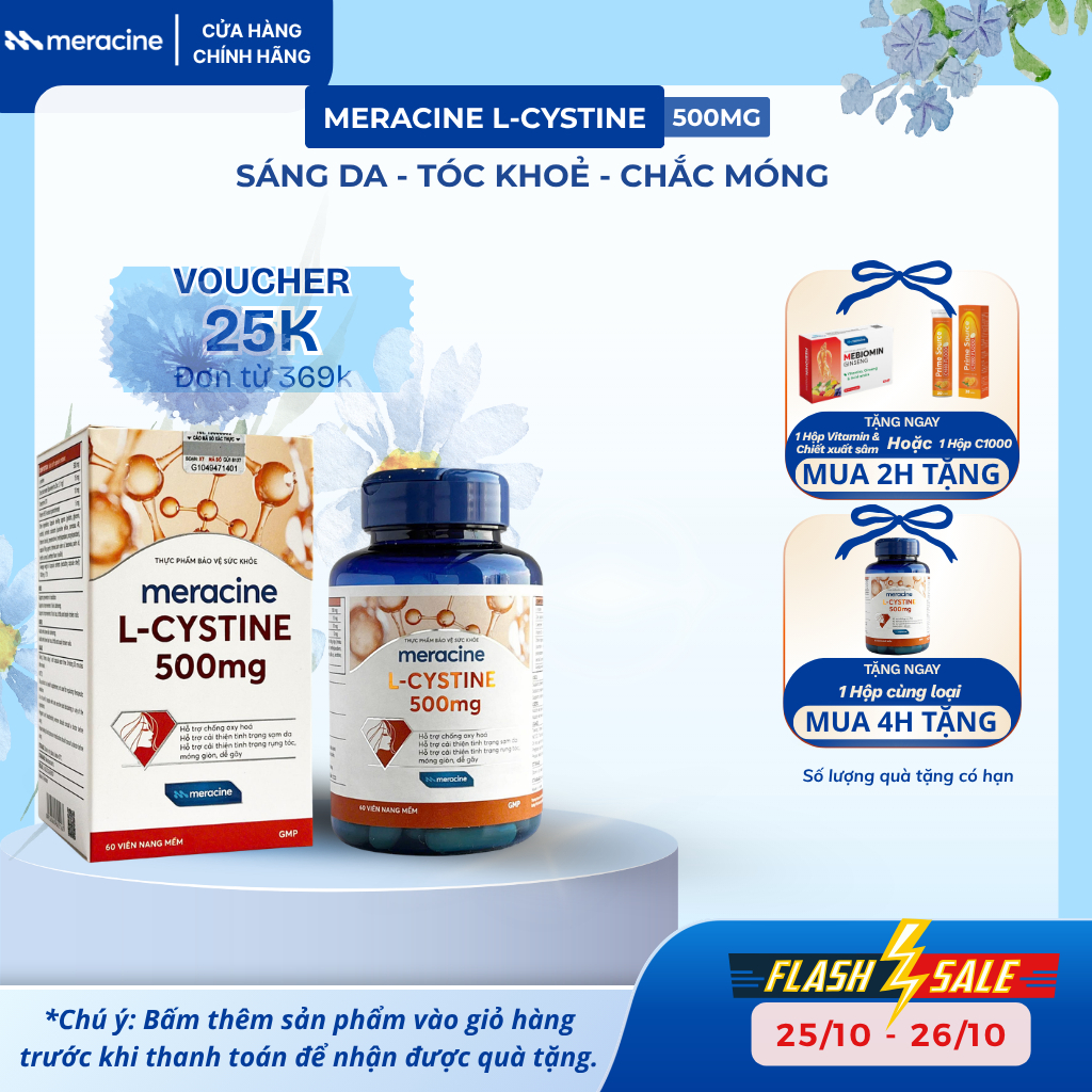 Viên uống Meracine L-Cystine 500mg giúp sáng da, hỗ trợ giảm nám, giảm rụng tóc và gãy móng (Lọ 60V))