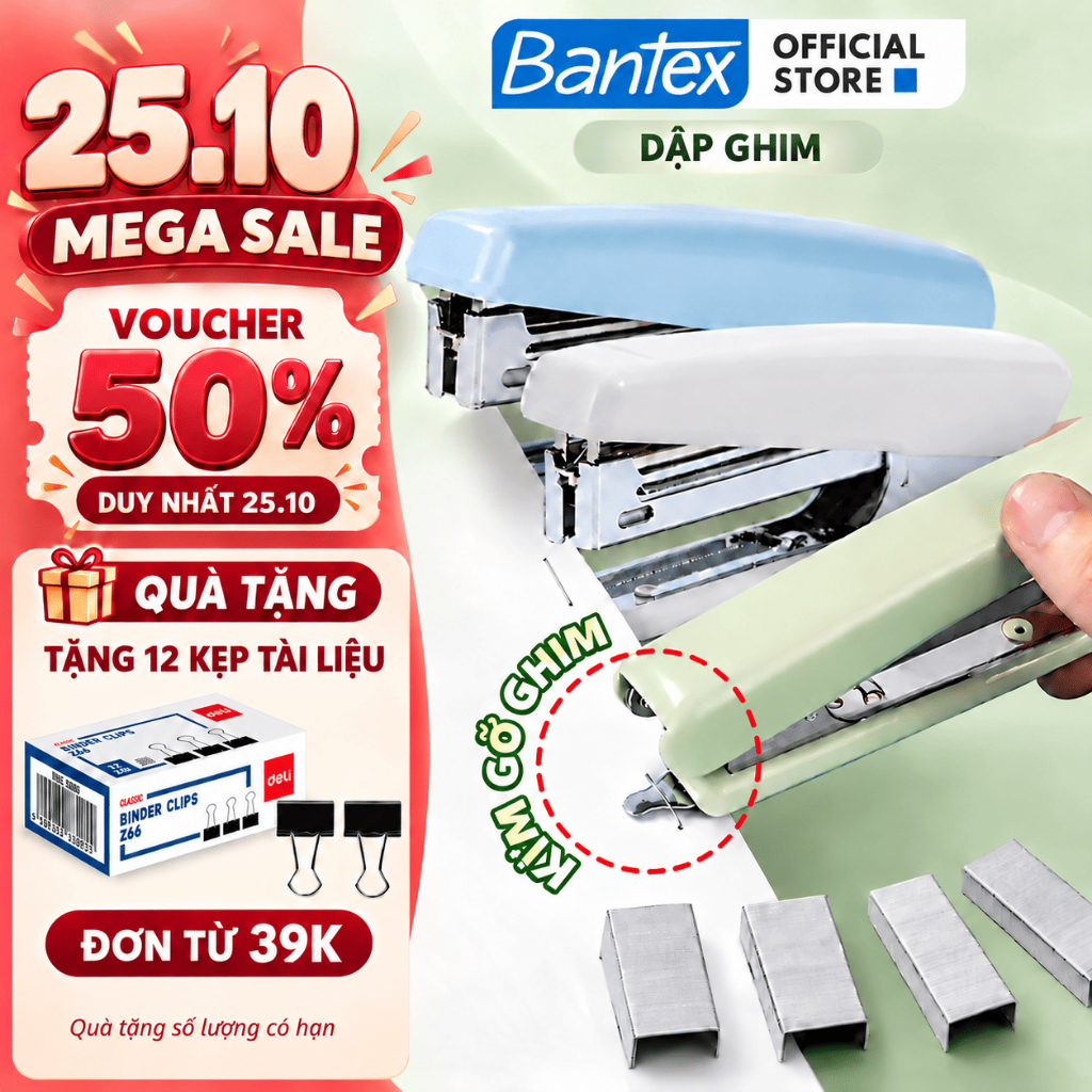 [🔥TẶNG SET 12] Dập Ghim Học Sinh Văn Phòng Bantex Siêu Rẻ Bền 15 Trang Tiện Lợi Dùng Ghim Bấm Số 10, Khay Chứa Được 50