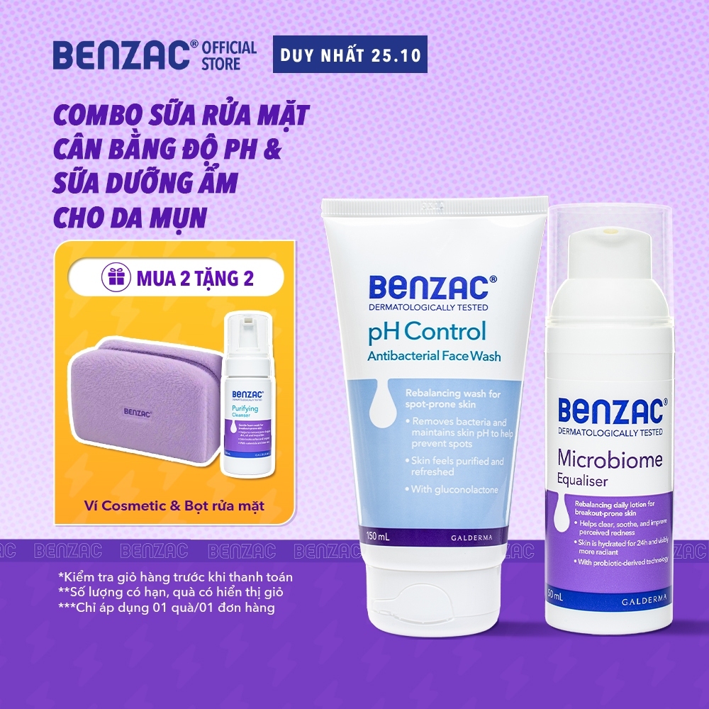 Combo Chăm sóc da mụn Sữa Dưỡng Ẩm Microbiome Equalizer & Sữa rửa mặt cân bằng pH BENZAC pH Control 50ml/150ml