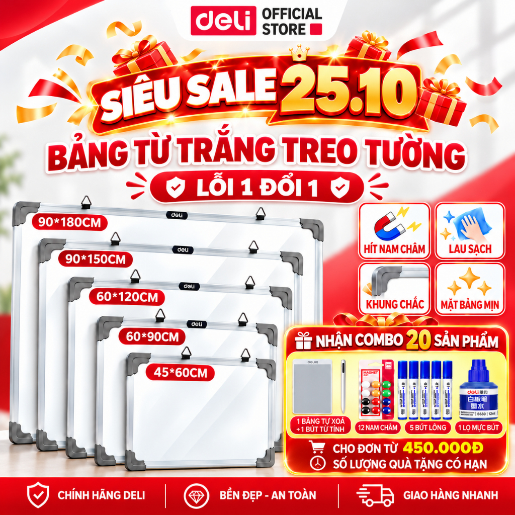 [🔥VOUCHER 150K + COMBO PHỤ KIỆN]Bảng Từ Trắng Deli Treo Tường Nhiều Kích Thước – Bảng Mica Nam Châm Viết Bút Lông