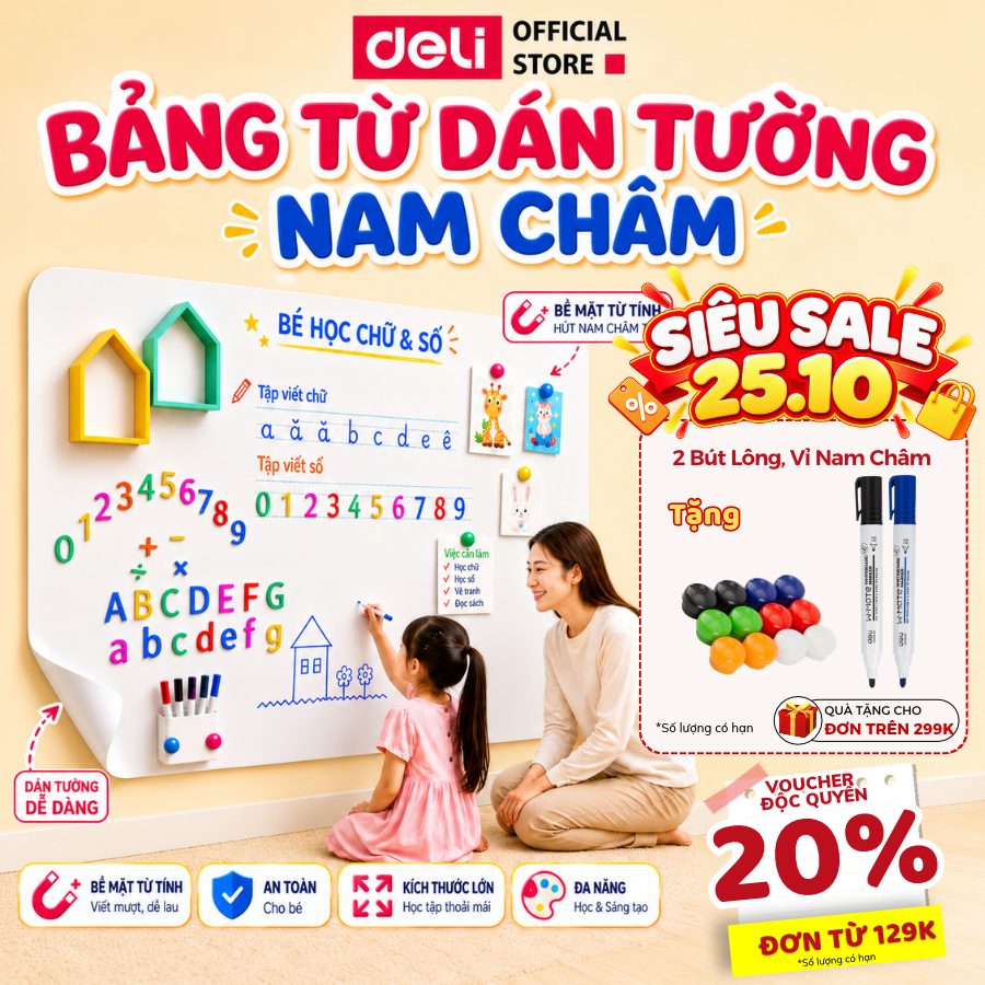 Bảng Từ Trắng Dán Tường Deli - Hút Nam Châm Viết Bút Lông Bảng Dày Dặn Nhiều Kích Thước