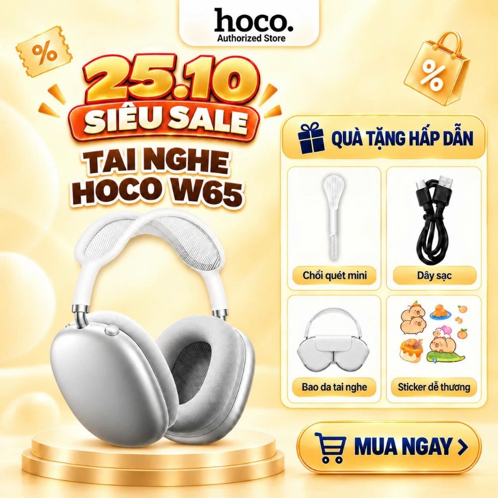 [Tặng bọc da cao cấp] Tai nghe chụp tai Bluetooth W65 Hoco - 45h Pin - Không dây, cắm dây - chống ồn ANC | BigBuy360 - bigbuy360.vn