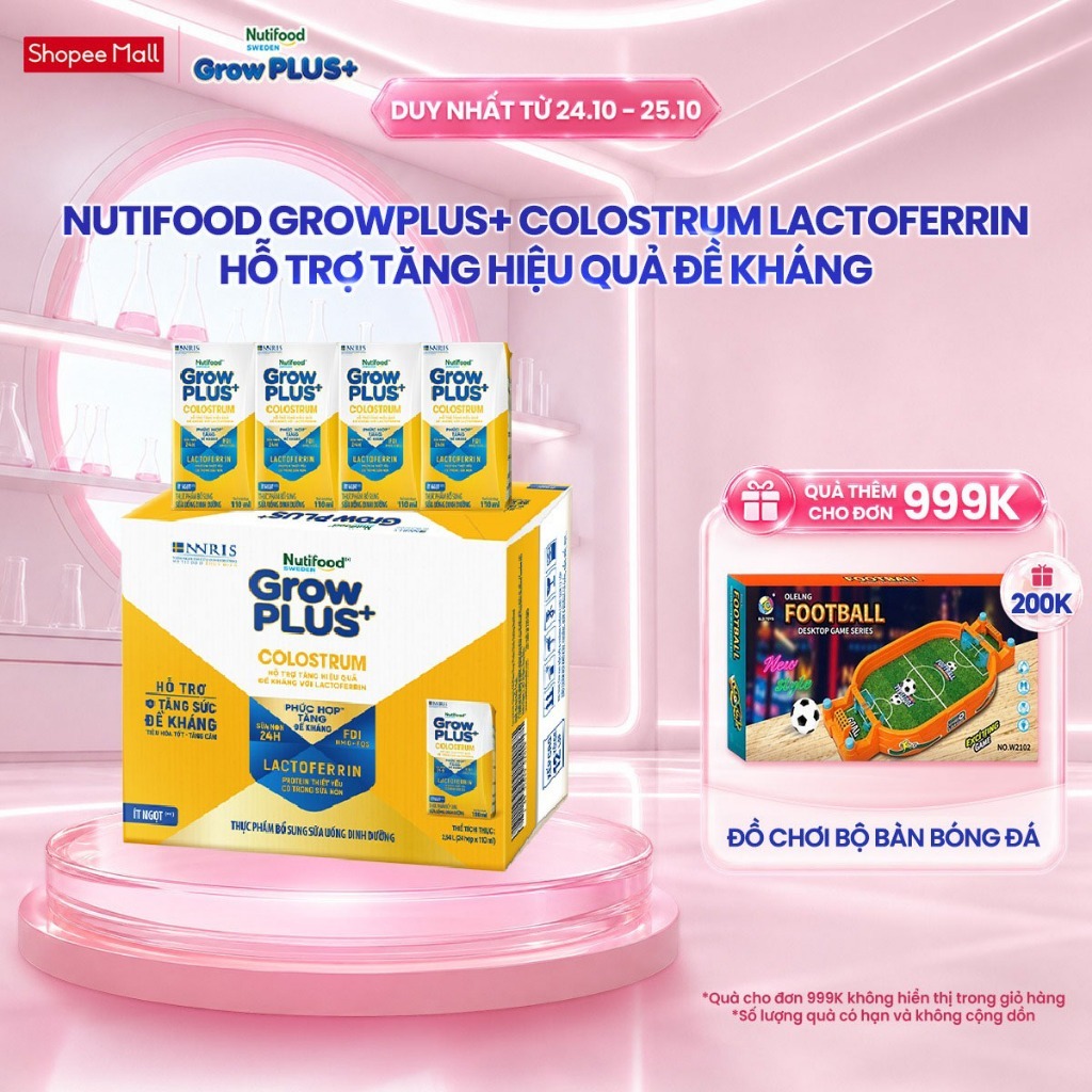 Thùng 24 hộp Sữa bột pha sẵn Nutifood Sweden GrowPLUS+ Colostrum Lactoferrin 110ml