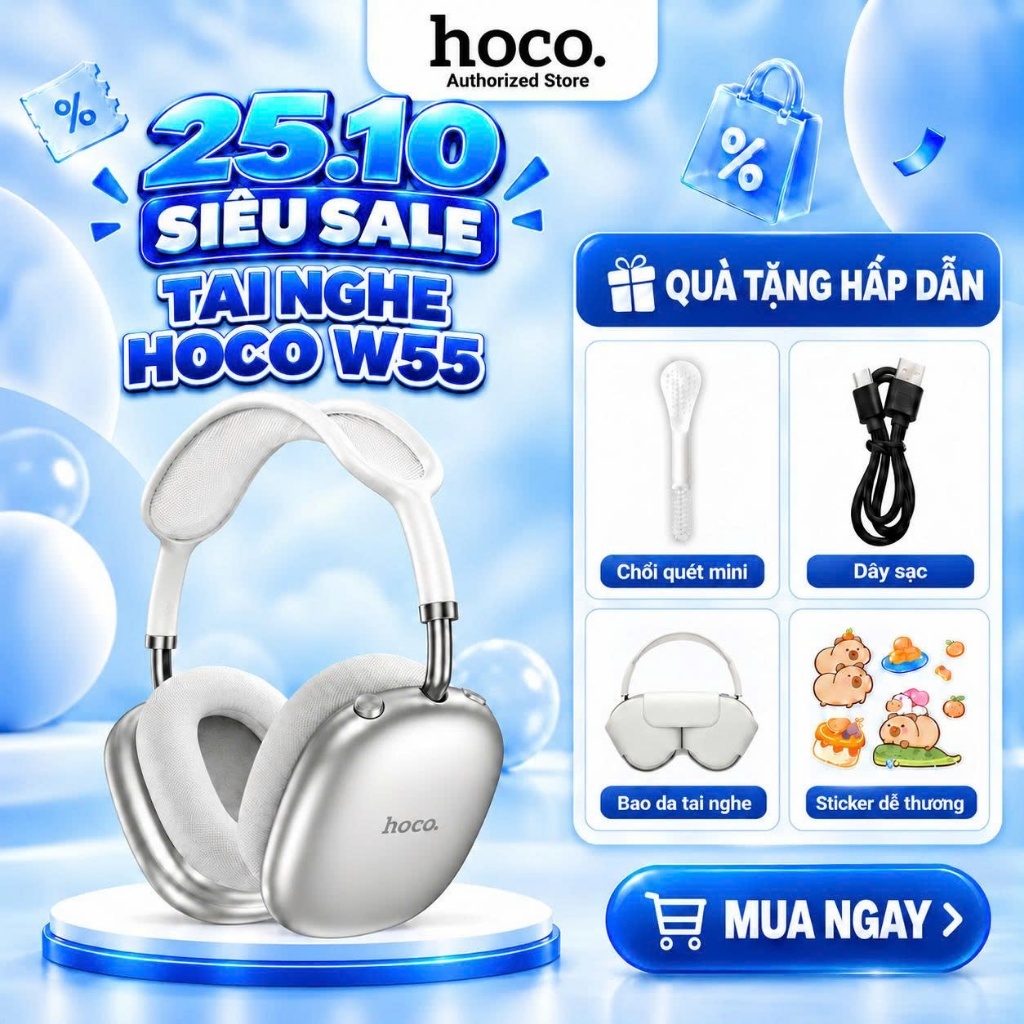 [Tặng bọc tai nghe] Tai nghe chụp tai bluetooth Hoco W55 Plus pin 90 tiếng bass mạnh, tai nghe chụp tai có dây
