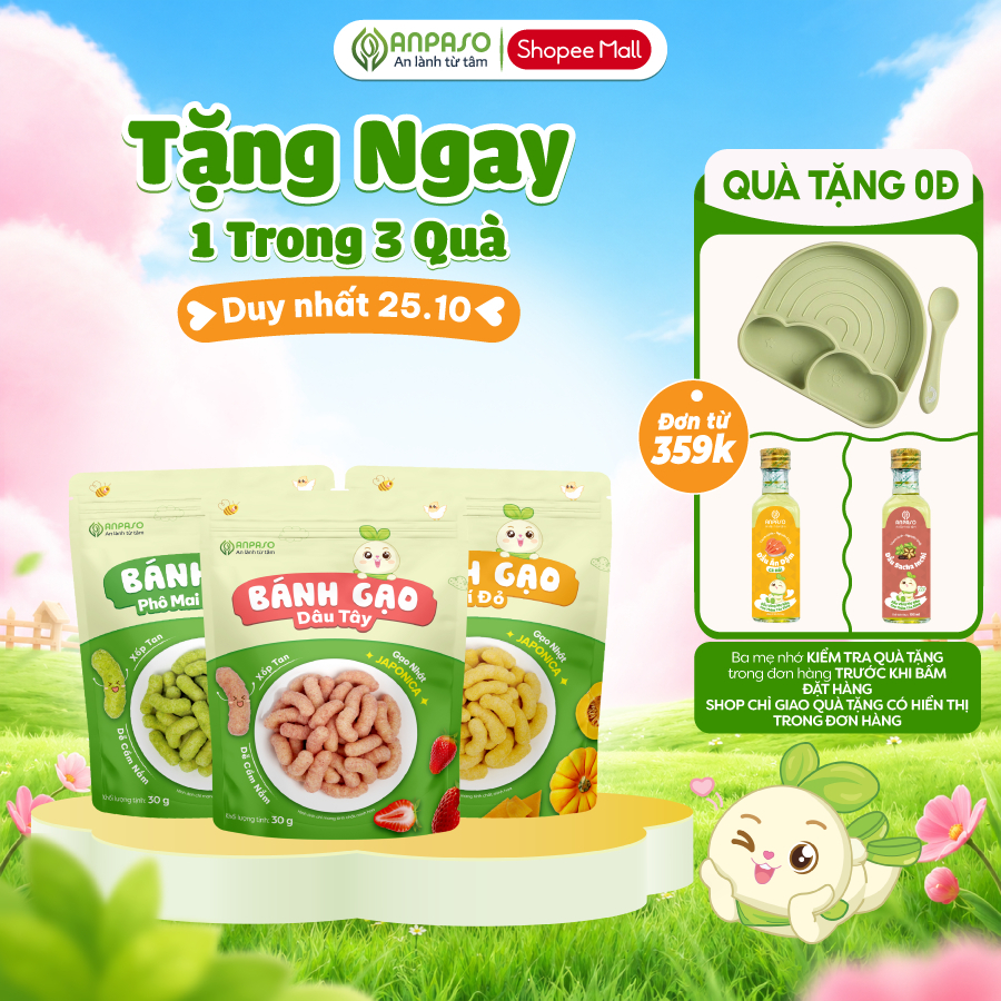 Bánh Gạo Ăn Dặm Cho Bé Anpaso 30g - Kết Cấu Xốp, Tan Nhanh - Bánh Gạo Hình Que Vị Phô Mai Rau xanh, Bí Đỏ và Dâu Tây