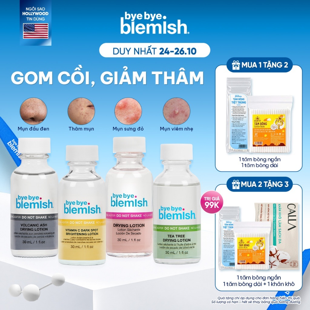 [25.10 TẶNG 2 TĂM BÔNG] Chấm Mụn 2 Lớp Giảm Mụn Nhanh Sau 1 Đêm Bye Bye Blemish Drying Lotion 30ml Cho Tất Cả Loại Mụn