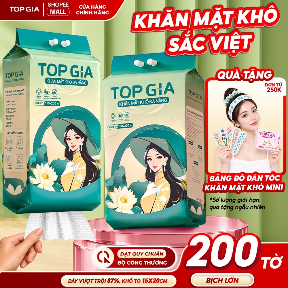 Khăn vải khô đa năng Top Gia, bịch 200 tờ Sắc Việt rút treo tường an toàn cho da tặng móc treo