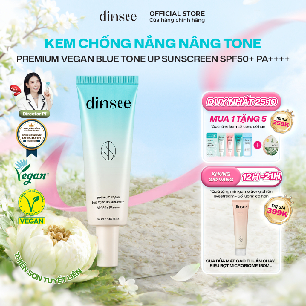 Kem Chống Nắng Nâng Tone Dinsee Premium Vegan BLUE Tone Up Sunscreen SPF50+  PA++++ (50ml) [XANH NGỌC]