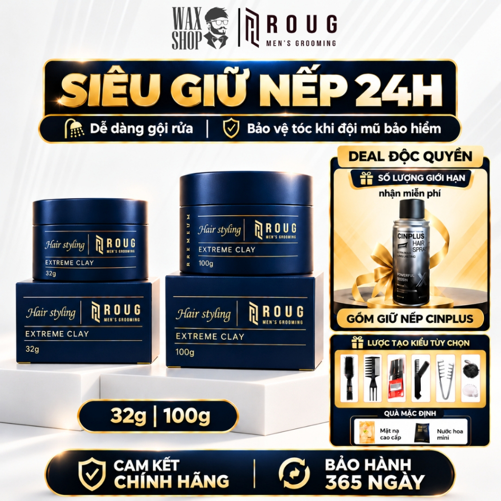[DEAL ĐỘC QUYỀN] Sáp vuốt tóc nam Roug Extreme Clay – Premium 32g | 100g tạo kiểu, giữ nếp cả ngày