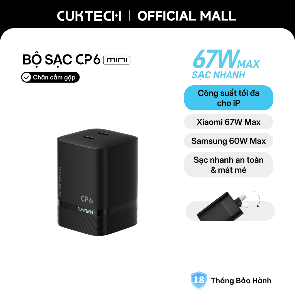Củ Sạc Nhanh CUKTECH 60W AVS Xiaomi Tối Đa 67W 2 Cổng USB-C Cho iPhone 18/17/16/Xiaomi 17/Samsung S26/Laptop