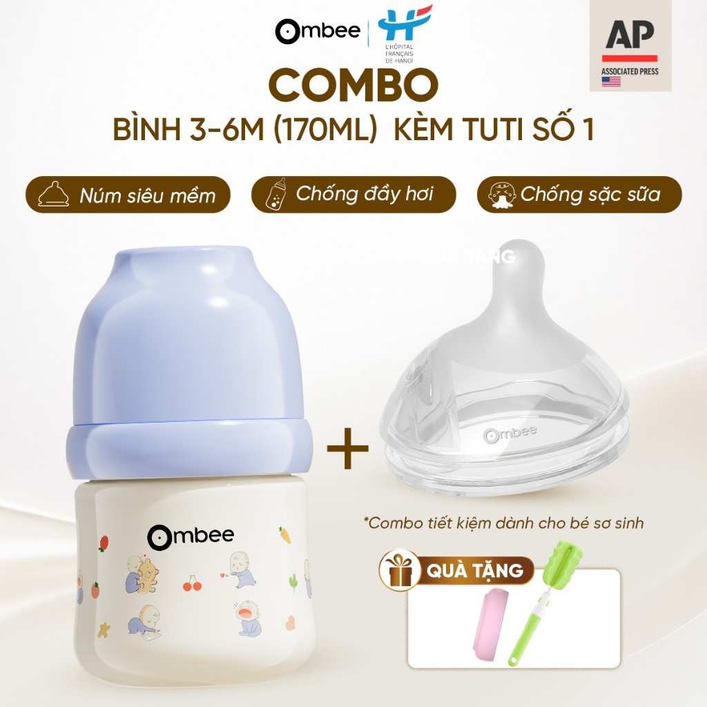 [Dung Tích 170ml + Núm Số 1] Combo Bình Sữa Ombee Dành Cho Bé Từ Sơ Sinh Đến 6 Tháng Tuổi