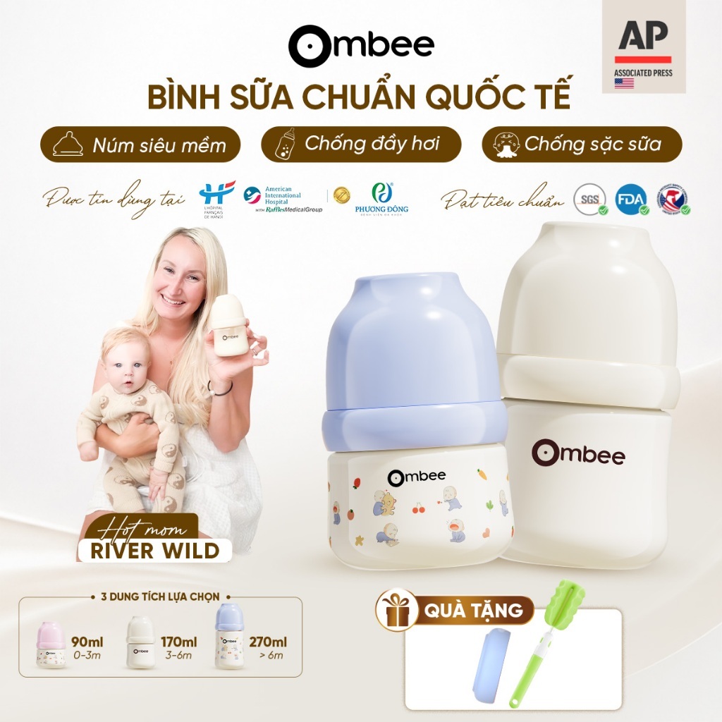 Bình Sữa Ombee Chất Liệu PPSU Cổ Rộng Chống Sặc Chống Đầy Hơi Núm Ti Mềm 90ml/170ml/270ml