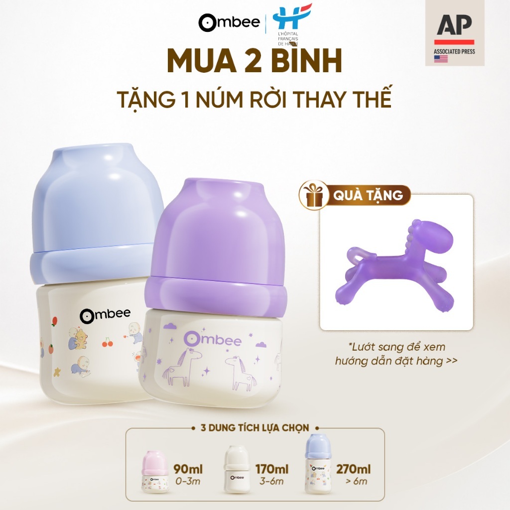 [MUA 2 BÌNH TẶNG 1 NÚM] Bình sữa Ombee PPSU Anti-colic - Phiên Bản Basic/Prince/Angel -90ml/170ml/270ml