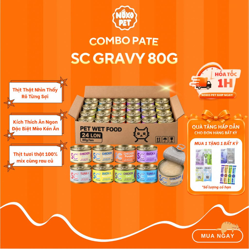 (THÙNG 24 LON) Pate SC GRAVY Nước Hầm Thịt Xé Mix Bổ Sung Dinh Dưỡng Cho Mèo, Cung Cấp Dưỡng Chất Cần Thiết Cho Boss