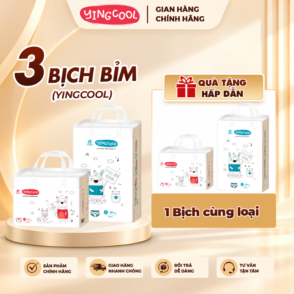 Bỉm Dán/ Quần Yingcool cho bé size NB64/S60/M56/M50/L48/XL44/XXL42/XXXL40 - Combo mua 3b Tặng 1b bỉm cùng loại