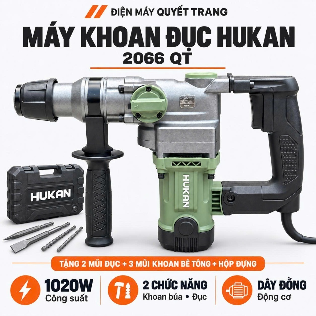 Máy Khoan Đục Điện Hukan Gen 2  RH - 2066 QT  2 Chức Năng Công Suất 1020W Tặng Kèm 2 Mũi Đục 3 Mũi Khoan