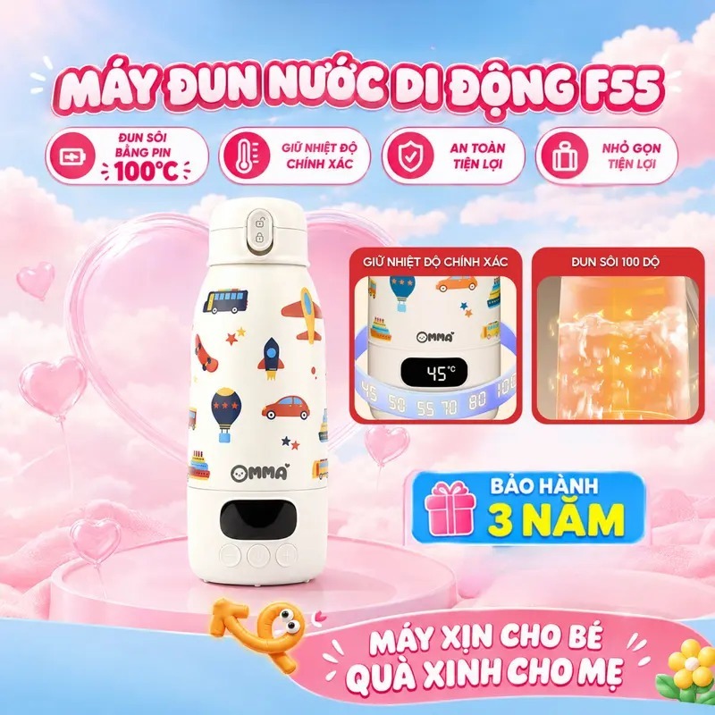 [Bản 2026] Bình đun nước cài nhiệt 35 -100 độ cầm tay di động F55 OMMA tiện lợi mang theo - BH 3 năm