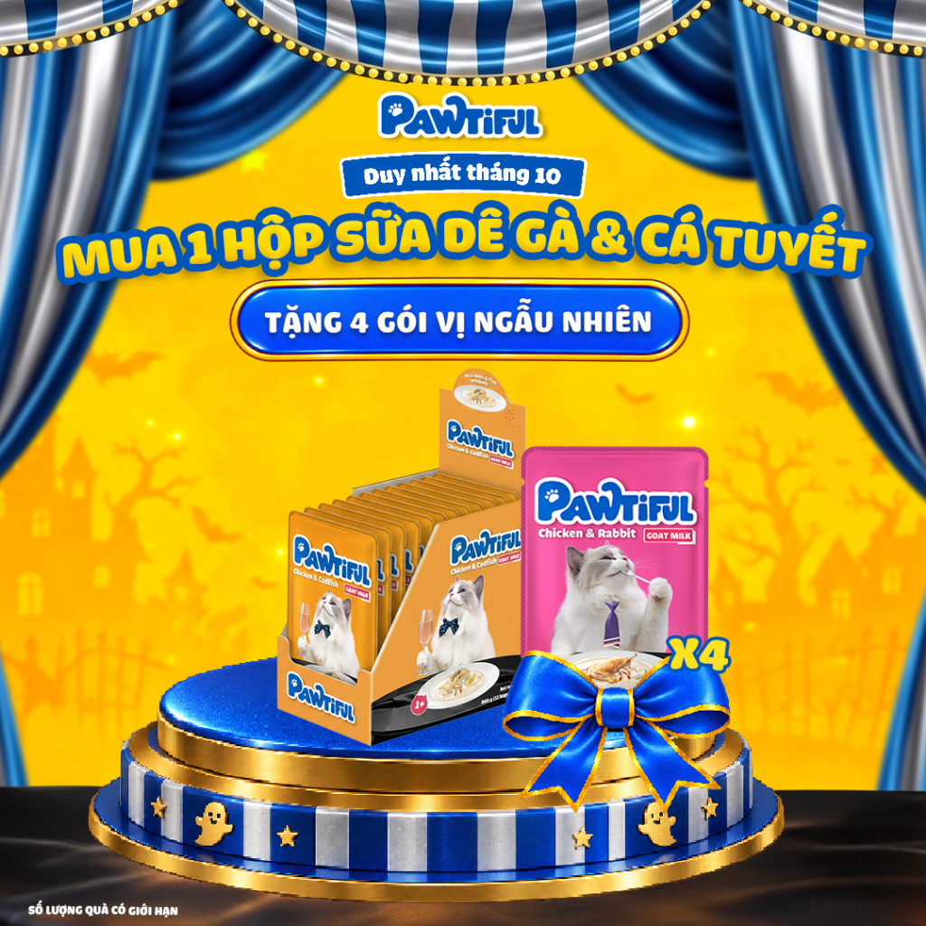 [MUA 12 TẶNG 4] Hộp 12 gói Pate cho mèo Pawtiful Dạng Sữa dê vị Gà & Cá tuyết 70g x12