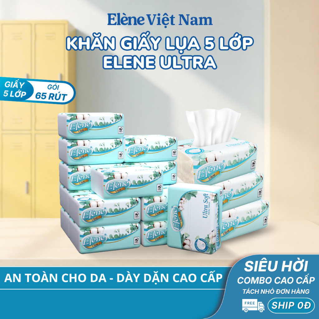 COMBO 30/16 Gói Khăn Giấy Lụa 5 Lớp Rút Elène Ultra Cao Cấp, Mềm Mịn, An Toàn