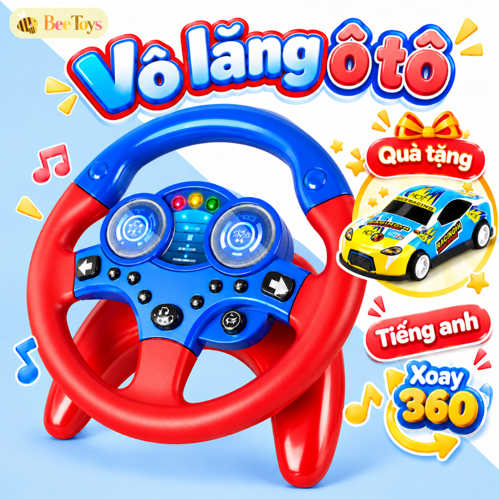 Vô lăng đồ chơi cho bé TIẾNG ANH xoay 360 tặng xe ô tô đồ chơi mini hợp kim chạy đà vô lăng đồ chơi gắn xe ô tô Bee Toys