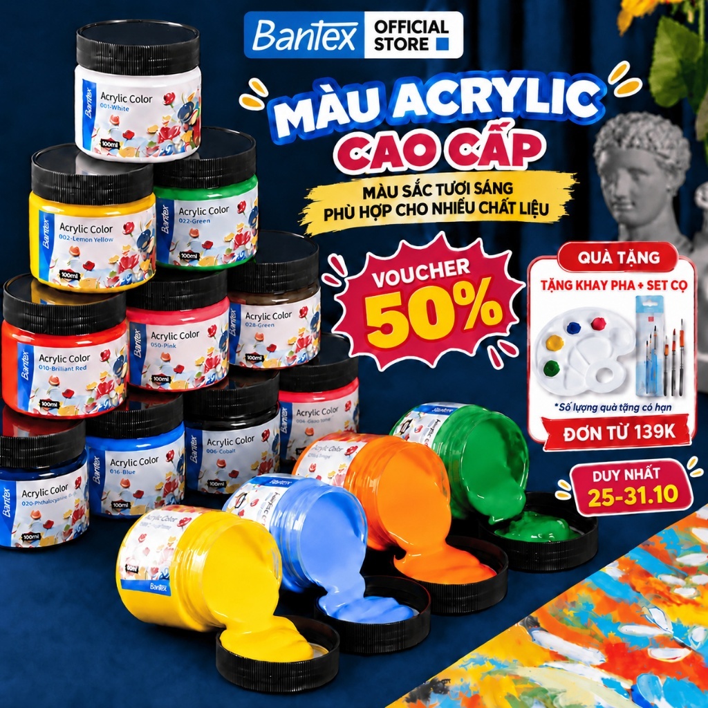 [🔥TẶNG SET CỌ+KHAY]Màu nước acrylic dạng hũ 100ml chuyên nghiệp Deli Bantex Vẽ custom trên vải giày tường full bảng màu