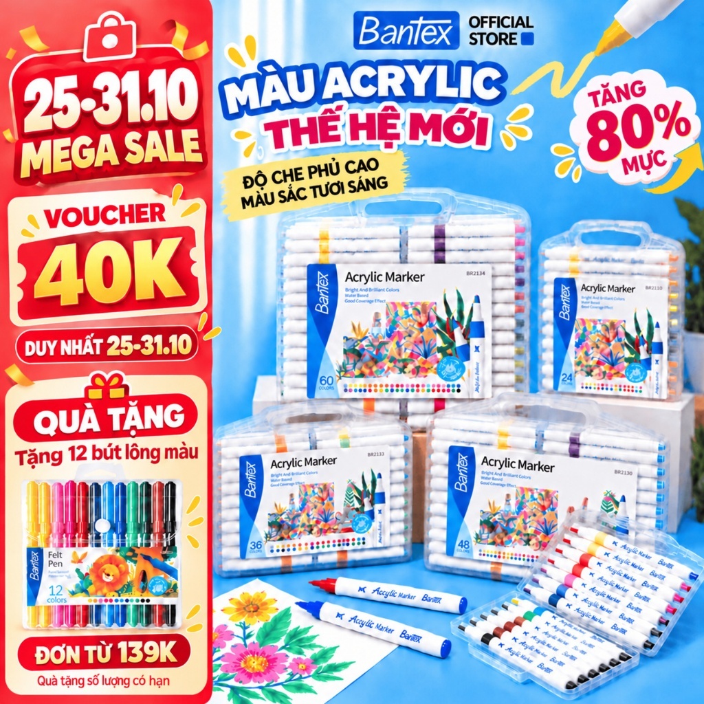 [🔥TẶNG 12 MÀU FIBER] TĂNG 80% MỰC Bút Sơn Acrylic Marker Deli Bantex Chính Hãng12/24/36/48/60 Màu Trên Mọi Chất Liệu DIY