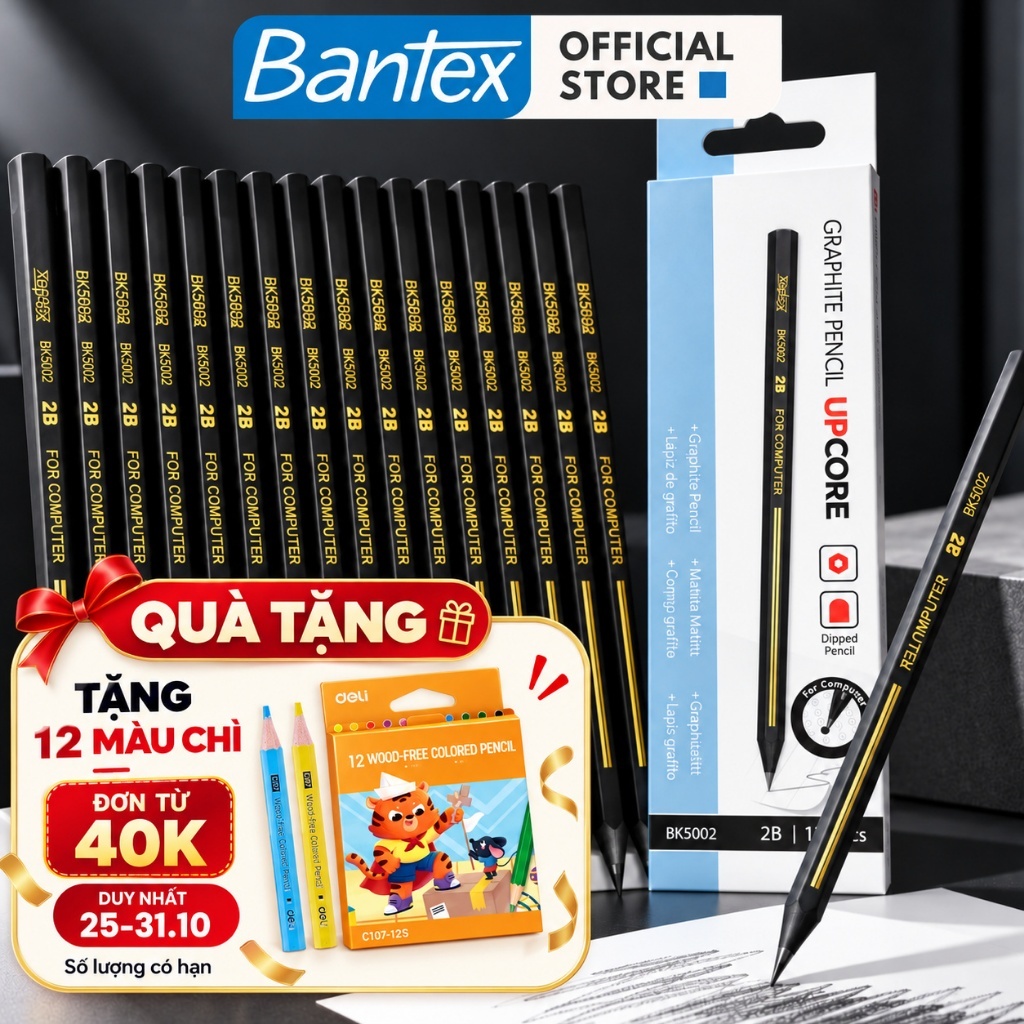 [🔥TẶNG 12 MÀU] Combo10/12 Bút Chì Gỗ Lõi Đen 2B/HB Bantex Cao Cấp Chì Cứng Khó Gãy Chì Mịn Tập Viết Học Sinh Trắc Nghiệm