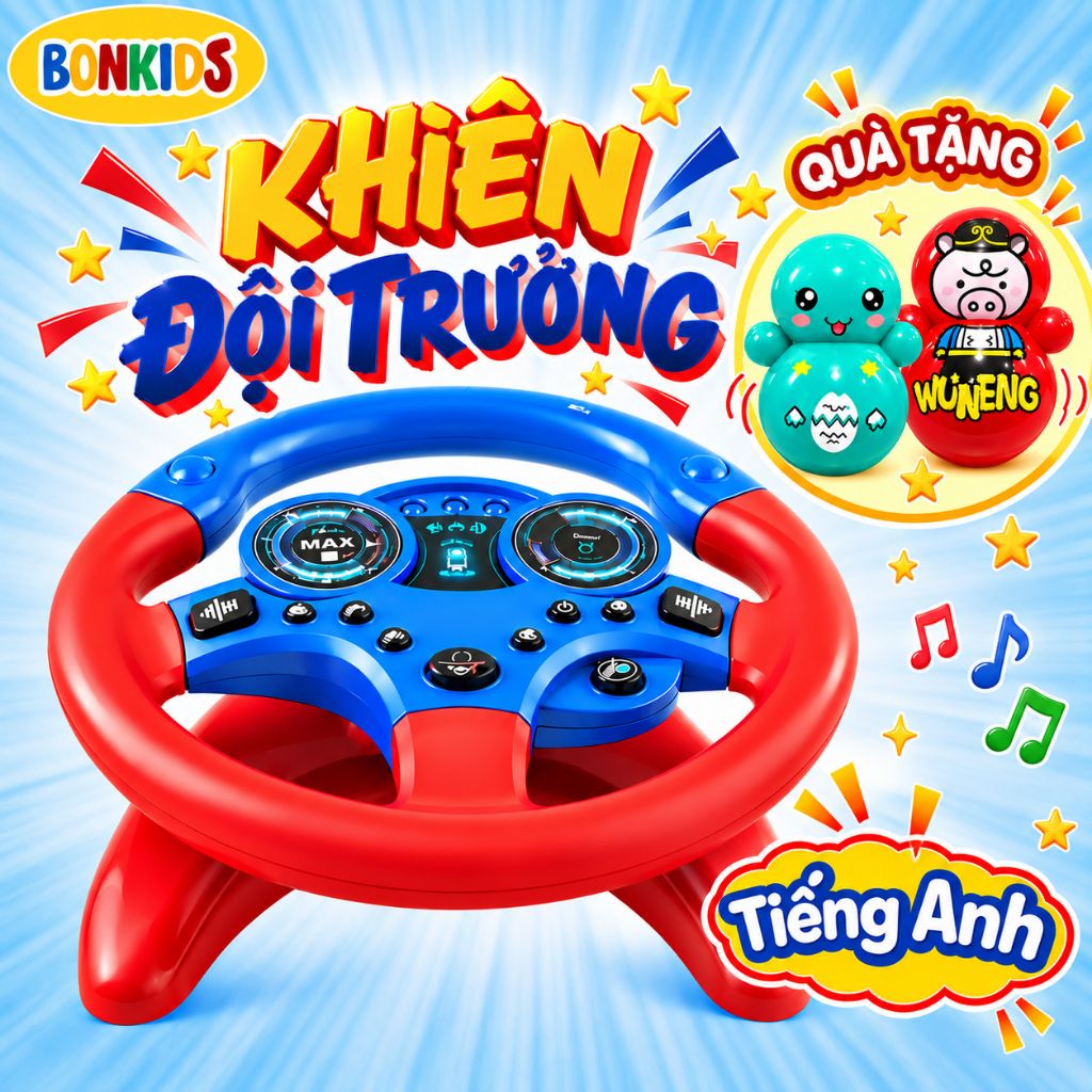 Vô lăng đồ chơi gắn xe ô tô CỠ TO Tiếng Anh xoay 360 vô lăng đồ chơi cho bé ô tô đồ chơi cho bé trai Bon Kids