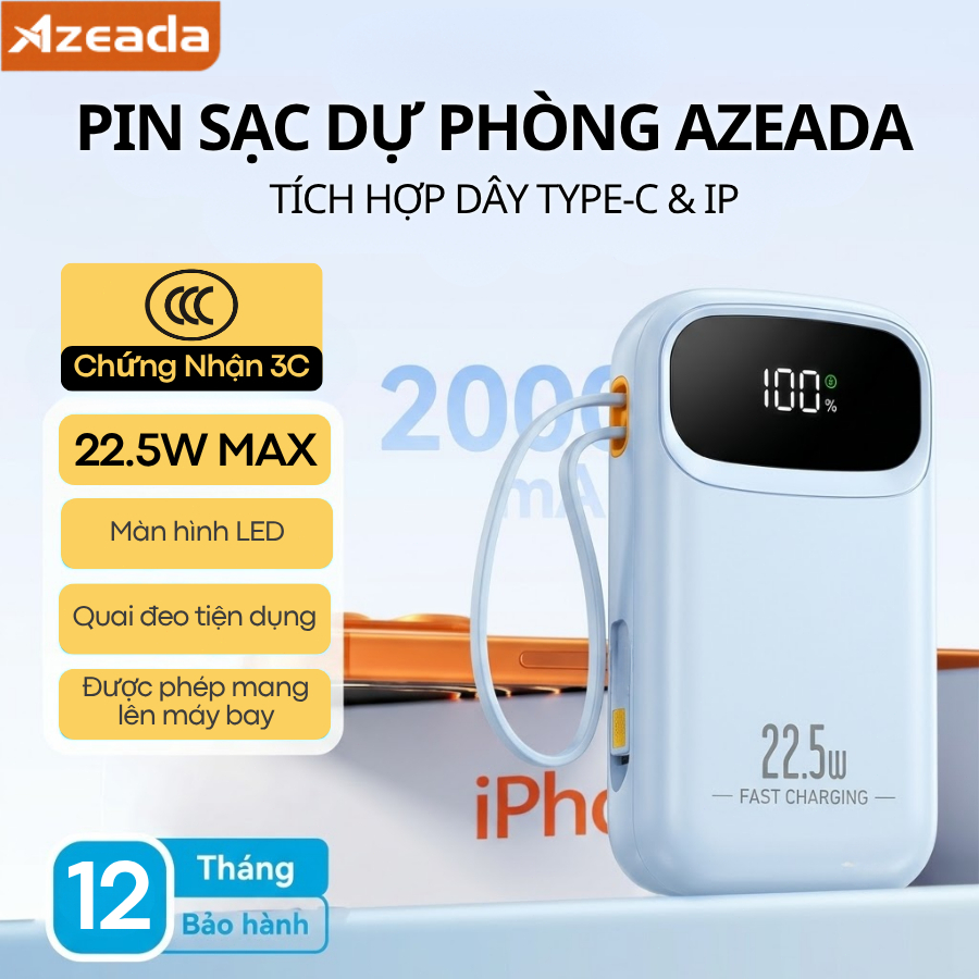 [CHỨNG NHẬN CCC] Sạc Dự Phòng 10000mAh 20000mAh PD 22.5W Tích Hợp Dây Sạc Nhanh Có Màn Hình LED P03