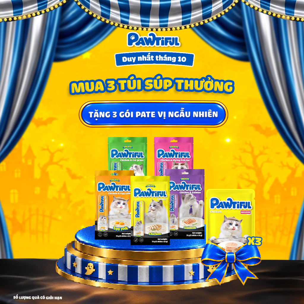 Combo 3 Túi súp thưởng Pawtiful cho Mèo bổ Sung Omega-3, DHA & Vitamin, hỗ trợ lông bóng mượt | 15 Thanh x15g