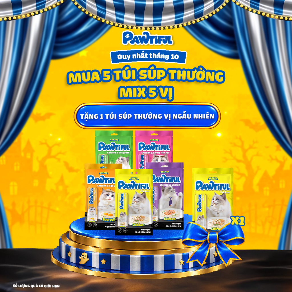 Combo 5 Túi súp thưởng Pawtiful cho Mèo bổ Sung Omega-3, DHA & Vitamin, hỗ trợ lông bóng mượt | 25 Thanh x15g