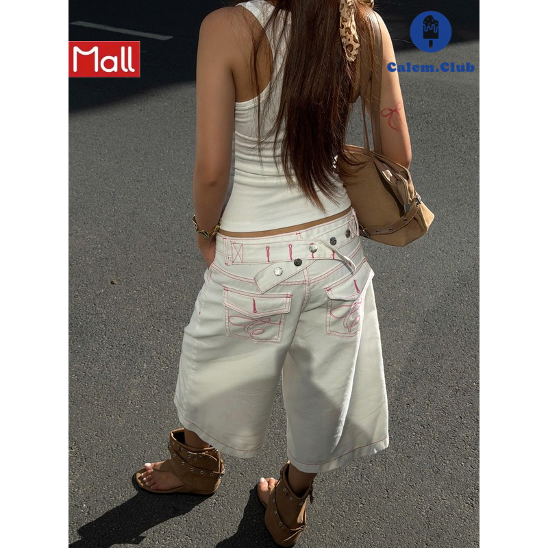 Calem.Club- Quần Short Jean Lửng STRAP DETAIL JEANS, họa tiết phối đai và thêu túi, form ống rộng unisex nam nữ