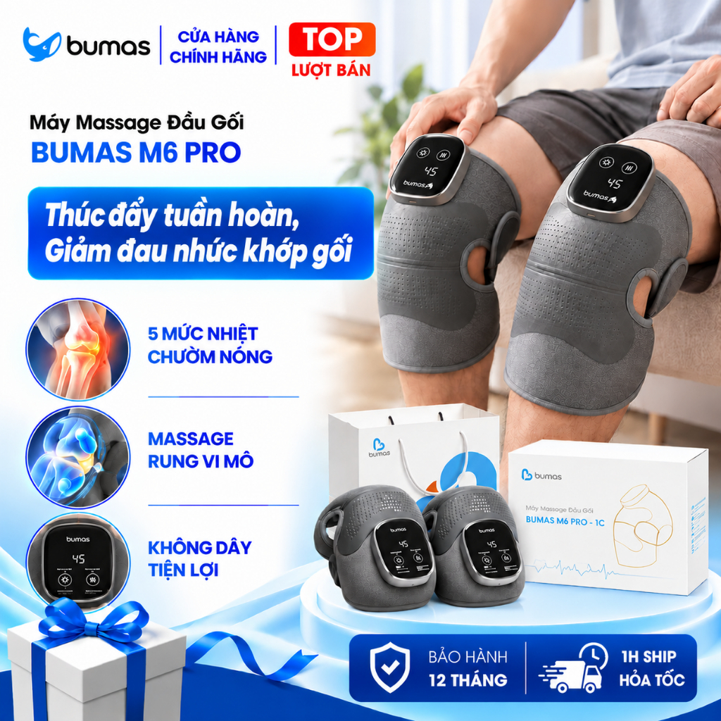 [Set Quà] Máy Masssage Đầu Gối BUMAS M6 Pro - Chườm Nóng Massage Rung Giảm Đau Khớp Gối Do Thoái Hóa, Thoát Vị