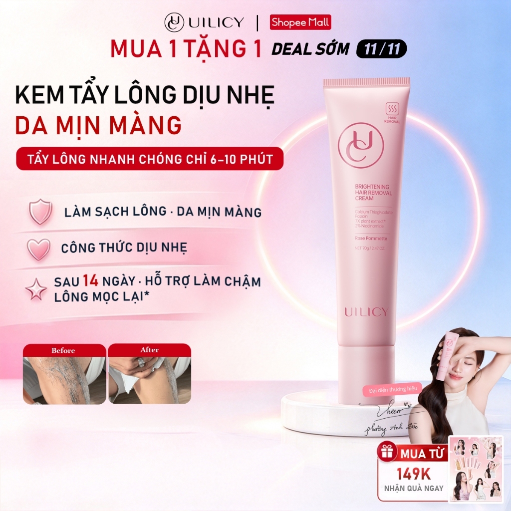 【Mua 1 Tặng 1】Kem Tẩy Lông UILICY 70g, Dịu Nhẹ, Tẩy Nhanh, Da Sáng Mịn, Dùng Cho Bikini, Nách, Tay Và Chân